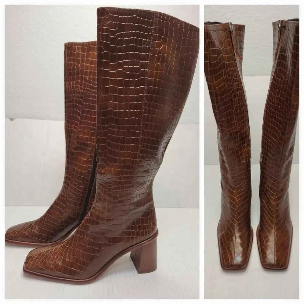 Alohas East Alli Brown Leather Boots Women's 38 Mid Calf Square Toe
